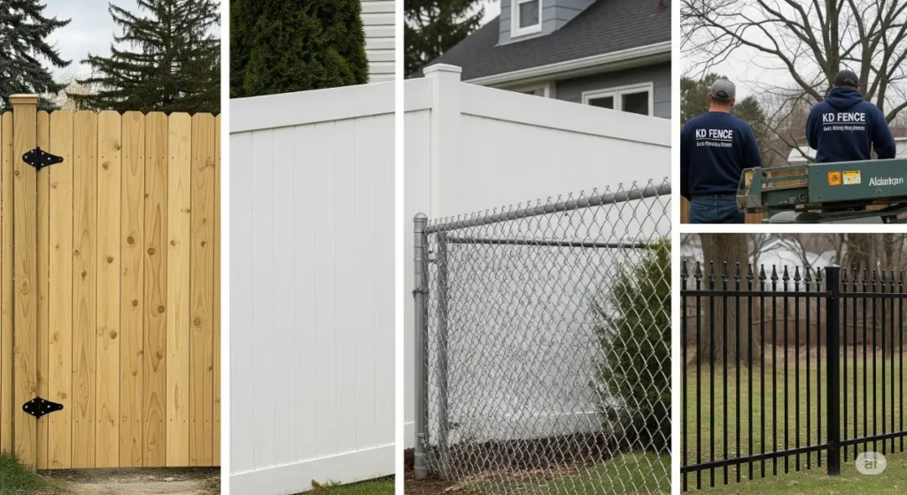 A high-quality, professional photograph showcasing a variety of affordable residential fencing options in Albany, NY, suitable for a 2025 blog post about the 5 cheapest options. The image might include sections of wood, vinyl, chain link, and wrought iron fences, each highlighting its affordability and basic aesthetic. The fences are depicted in a variety of residential settings – perhaps a front yard, a side yard, or a backyard – showcasing how they might look integrated into different property styles. The KD Fence logo or attire is subtly featured on a worker or on a piece of equipment at one of the fence installation sites, indicating a local expert in Albany fencing services. A focus on visual comparison and simplicity is ideal. The lighting is natural, daytime, highlighting the materials and textures of the fences.