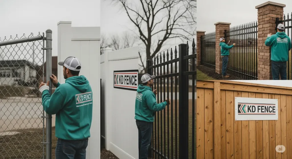 A high-quality, professional photograph showcasing a variety of commercial fencing solutions suitable for Buffalo businesses, emphasizing durability and security. The image features different styles of fencing, including chain link, vinyl, wrought iron, and wood, each presented in a distinct section of the photo. The KD Fence logo is subtly integrated into the design elements within the fencing materials, especially on signage or workwear for any KD Fence employees shown working on the fences. No individuals are visible within the image. The image uses natural light and a shallow depth of field to highlight the details of each fence type, creating a clear and informative visual for the blog post. The color scheme is neutral, with a muted warm tone, to emphasize the products in a professional way, with a touch of soft focus to create a sense of calm.
