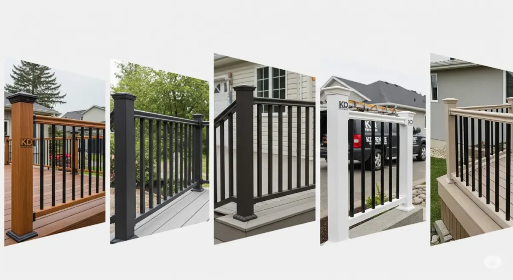 A wide-angle shot showcasing the five most durable outdoor railing options available for Rochester homes, designed for a blog post highlighting KD Fence's solutions. No people are visible in the image. The photograph emphasizes the variety of railing styles and materials, including wood, metal, vinyl, and composite, against backdrops of different Rochester homes and gardens. KD Fence branding is subtly incorporated, possibly on a vehicle or tools in the background, or discreetly branded on the rail sections in a few instances. The lighting is bright and natural, showcasing the materials and details with a clear and concise approach, making it easy for potential customers to differentiate the featured railings. The composition allows for a clear, clean background without clutter, with a subtle, neutral color palette that enhances the outdoor railing features, giving a sense of elegance and durability. The image is sharp and clear, conveying a sense of high quality and reliability, emphasizing KD Fence's expertise in durable outdoor railing solutions.