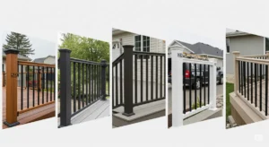 A wide-angle shot showcasing the five most durable outdoor railing options available for Rochester homes, designed for a blog post highlighting KD Fence's solutions. No people are visible in the image. The photograph emphasizes the variety of railing styles and materials, including wood, metal, vinyl, and composite, against backdrops of different Rochester homes and gardens. KD Fence branding is subtly incorporated, possibly on a vehicle or tools in the background, or discreetly branded on the rail sections in a few instances. The lighting is bright and natural, showcasing the materials and details with a clear and concise approach, making it easy for potential customers to differentiate the featured railings. The composition allows for a clear, clean background without clutter, with a subtle, neutral color palette that enhances the outdoor railing features, giving a sense of elegance and durability. The image is sharp and clear, conveying a sense of high quality and reliability, emphasizing KD Fence's expertise in durable outdoor railing solutions.