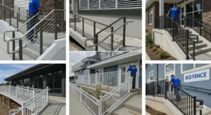 A detailed, professional photograph showcasing a variety of ADA-compliant railing designs in a range of architectural styles, all featuring KD Fence's signature craftsmanship and materials. The image should highlight the sleek, modern designs of the railings, emphasizing their functionality and aesthetics. Focus on the seamless integration of the railings with various building elements, such as staircases, ramps, and decks, in diverse environments. Ensure that the focus is on the railing design, without including any human faces, and the presence of KD Fence attire (such as logos or branded apparel) where appropriate, for instance, on workers installing a railing, or clearly visible branding on parts of the railing. The image should convey a sense of safety, security, and inclusivity, promoting accessible spaces designed with user-friendliness in mind.