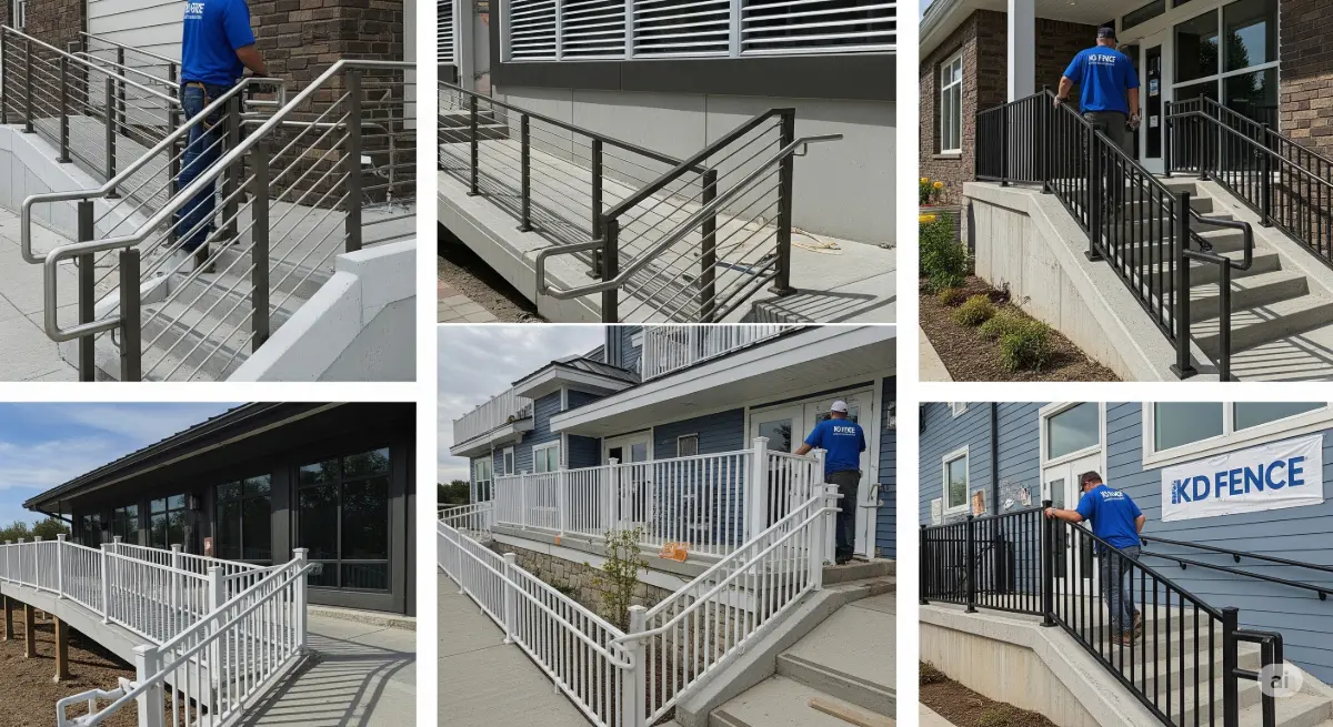 A detailed, professional photograph showcasing a variety of ADA-compliant railing designs in a range of architectural styles, all featuring KD Fence's signature craftsmanship and materials. The image should highlight the sleek, modern designs of the railings, emphasizing their functionality and aesthetics. Focus on the seamless integration of the railings with various building elements, such as staircases, ramps, and decks, in diverse environments. Ensure that the focus is on the railing design, without including any human faces, and the presence of KD Fence attire (such as logos or branded apparel) where appropriate, for instance, on workers installing a railing, or clearly visible branding on parts of the railing. The image should convey a sense of safety, security, and inclusivity, promoting accessible spaces designed with user-friendliness in mind.