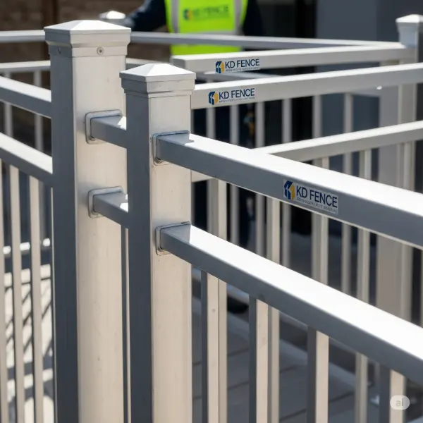 A 1:1 aspect ratio photograph focusing on the intricate details of aluminum railings with a clean, sharp perspective. The railings are the primary subject, with a focus on the clean lines and the durability of the metal. KD Fence branding, such as logos or work uniforms, is subtly integrated wherever relevant, showing the company's involvement in the production or installation of the railings. The emphasis is on showcasing the quality and craftsmanship of the aluminum railings, ensuring that the image is free of human faces, allowing viewers to concentrate on the railings themselves. The image is captured with a 50mm lens, promoting a natural perspective and accurate depiction of scale and detail. The lighting is natural sunlight, enhancing the metallic sheen of the aluminum railings, revealing a subtle play of light and shadow on the surface.