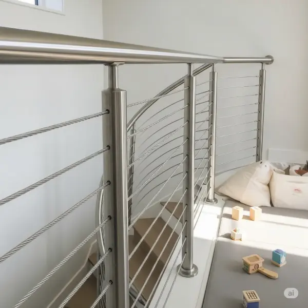 A detailed, high-quality photo of a modern interior space showcasing a set of in-house cable railings designed for the safety of young children, without any visible human faces. The railing system consists of sleek, polished stainless steel posts with tightly woven stainless steel cables, ensuring a robust and secure barrier. The railing design features a smooth, continuous flow of lines and curves, creating an aesthetically pleasing and functional element within the home. The photo uses natural light that illuminates the cable railing with soft lighting and highlights the intricate details of the cable weave against a clean, white wall. The perspective focuses on the safety aspect of the railing and the subtle beauty of its modern design in a contemporary home setting. The environment is a child's play area, with child-safe cushioned flooring and a few neutral color toys.
