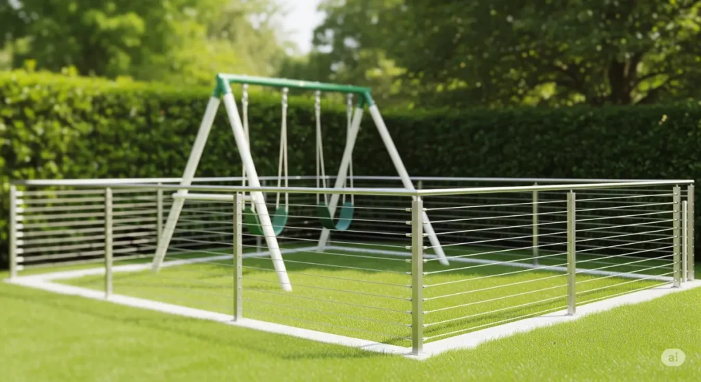 A vibrant, well-lit outdoor scene showing a child's swing set with a cable railing surround. The swing set is set in a backyard with a lush green lawn. The cable railing features a simple, modern design with a close-knit weave of high-tensile stainless steel cables, emphasizing safety and security. The scene has a playful and inviting tone, yet still maintains the focus on the cable railing's inherent safety design. A blurred background with bokeh effect highlights the safety elements without any faces, making this image ideal for a blog post about cable railing safety for children. The photograph is edited with vivid colors and a wide dynamic range, ensuring that the image is engaging and informative. This image style effectively communicates the safety measures of the cable railing for a blog post about safety.
