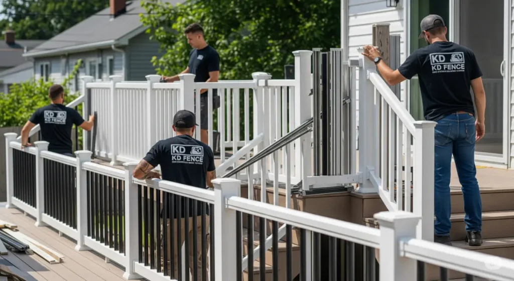 A high-quality, professional photograph showcasing a variety of budget-friendly deck railing options available in Albany, NY, specifically highlighting 2025 trends and styles. The image should feature KD Fence attire prominently on workers installing or showcasing the railing materials. Focus on various materials like vinyl, aluminum, or composite, emphasizing durability and affordability. The setting could be a typical Albany backyard with a clean, modern deck, showcasing the different railing designs and color schemes in a vibrant, sunlit environment. The camera angle should be slightly elevated to offer a comprehensive view of the deck and railing, and the composition should emphasize the railing's aesthetic appeal and sturdy construction, with a blurred background to highlight the railing.