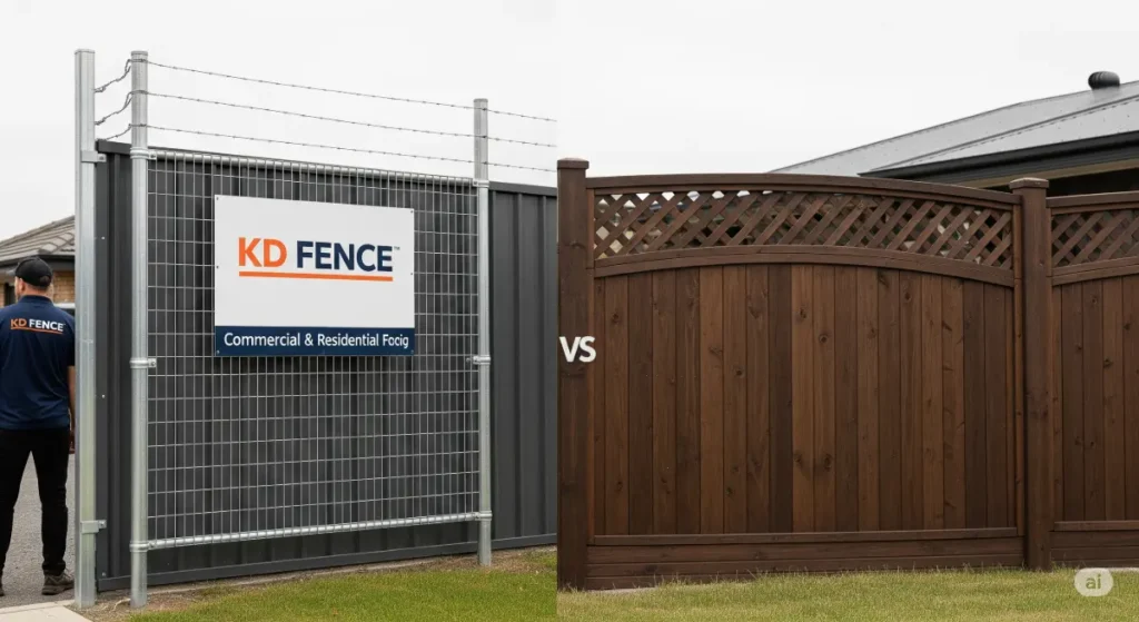 A detailed, professional photograph emphasizing the key distinctions between commercial and residential fencing, ideal for a blog post about the topic. The image portrays a comparative scenario: a sturdy, dark grey commercial fence with a strong, geometric design, secured with heavy-duty metal posts and wire mesh, features KD Fence branding on a prominent sign. Beside it stands a more aesthetically pleasing residential fence, constructed from dark wood with intricate designs, providing a sense of privacy and warmth. The overall color scheme is muted and neutral, with a strong focus on the fence designs. The scene is set against a simple, clean background, free of distractions. Natural daylight illuminates the scene evenly, highlighting the textural and stylistic differences between the two fence types. A KD Fence employee's shirt is subtly visible in the commercial fence area, visually connecting the image to the blog post's content. The image is composed to highlight the core differences, making it easy for readers to visualize the comparison.
