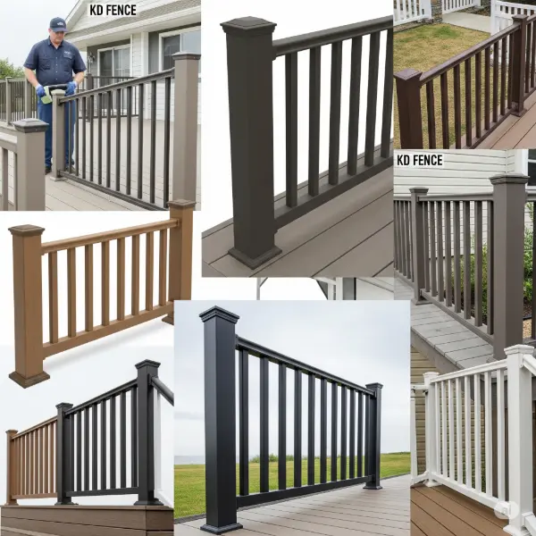 A detailed, high-resolution composite image showcasing a variety of composite railing designs in a 1:1 aspect ratio. The focus is on the intricate details of the railings, featuring different styles, materials, and colors. Some sections of the image depict KD Fence attire, where applicable, demonstrating how the railing components are assembled or integrated into a fence system. The background is kept neutral to ensure that the composite railings are the central focus. The image is a blend of product shots and installation scenarios, highlighting the versatile nature of composite railings in various settings, but with no human faces or figures present. The lighting is bright and even, creating a clear and sharp image that emphasizes the textures and features of the materials. The overall composition of the image is clean and modern, making it ideal for brochures, websites, or promotional materials focused on composite railings and fencing.