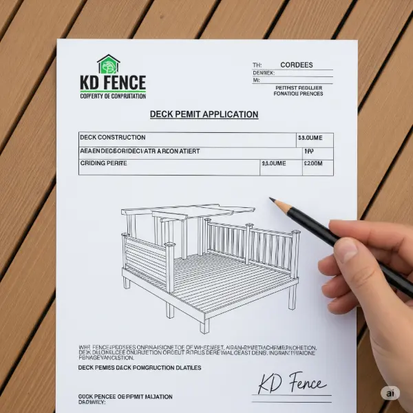 A 1:1 aspect ratio image emphasizing a deck permit application, ensuring no human faces are visible within the frame. The focus is solely on the document itself, featuring crisp text and illustrations regarding the deck construction project. Elements of KD Fence attire are discretely integrated where applicable, suggesting the connection to their services. The image captures the permit with meticulous detail, employing a high-quality, neutral color palette. The backdrop is kept simple and clean to avoid distractions, drawing viewers' attention to the vital information presented within the permit. The perspective of the shot ensures the document's legibility, using a 50mm lens for a clear and accurate depiction. This image is crafted to be clean, informational, and visually appealing, highlighting the deck permit's content and connection to KD Fence.