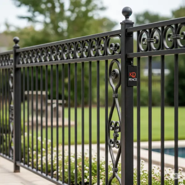 A detailed, 1:1 aspect ratio image of a decorative iron pool fence, featuring intricate scrollwork and elegant designs. The fence is crafted from dark, wrought iron, possibly black, with a subtle patina, giving it a sense of age and refinement. The KD Fence logo or a subtle KD Fence attire element, such as a branded tag or patch, could be visible on a supporting post or element of the fencing system. No human faces are depicted in the image. The fence's design includes a combination of straight vertical bars with elegantly curved and flowing decorative elements. The fence is surrounded by a tranquil, lush landscape, suggesting a high-end residential property or a resort setting. The lighting is natural and bright, enhancing the details of the ironwork, with a soft bokeh effect on the background. A vibrant green lawn or a well-maintained garden can be seen through the fence. The overall aesthetic is one of luxury, security, and timeless design.