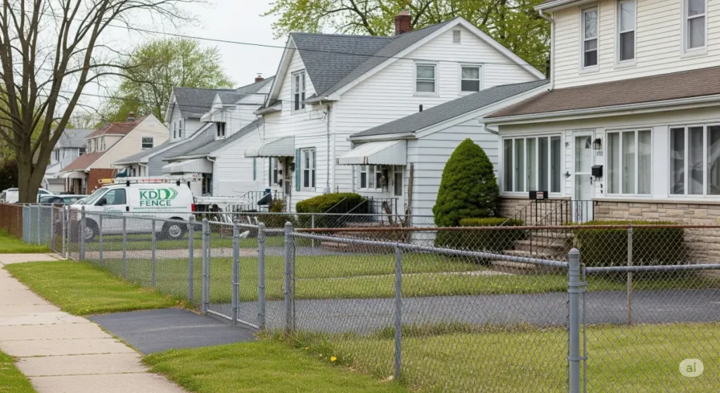 A high-quality, professional photograph highlighting the debate of whether chain-link fences affect property values in Erie, PA. The focal point is a suburban residential street with a variety of homes, featuring several examples of chain link fences – some well-maintained, others in disrepair. The image is devoid of any human faces, maintaining privacy. A KD Fence vehicle or sign is subtly integrated into the background, showcasing the company's brand and expertise in fencing. The photograph is taken at a slight angle, capturing a portion of the street and several houses, emphasizing the varied fence conditions in the context of the neighborhood. The overall mood is neutral, offering a balanced perspective that invites the viewer to form their own conclusions about the relationship between chain-link fences and property values in Erie.