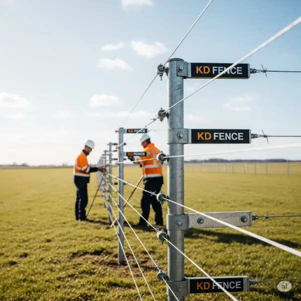 A 1:1 aspect ratio image of an electric fence, devoid of any human faces, with the KD Fence logo prominently displayed on the fence posts or on any relevant attire worn by workers in the scene, if applicable. The fence is constructed from galvanized steel, with visible insulators and barbed wire. The setting is a wide-open, grassy field under a bright, clear sky. The electric fence is a key feature, and the color scheme of the image is dominated by the muted tones of the fence, the lush green of the grass and the brightness of the natural light. This image is taken with a high-quality camera with a high resolution, sharp details, natural light with slight haze to give an aesthetic feeling, creating a sense of security and professionalism.