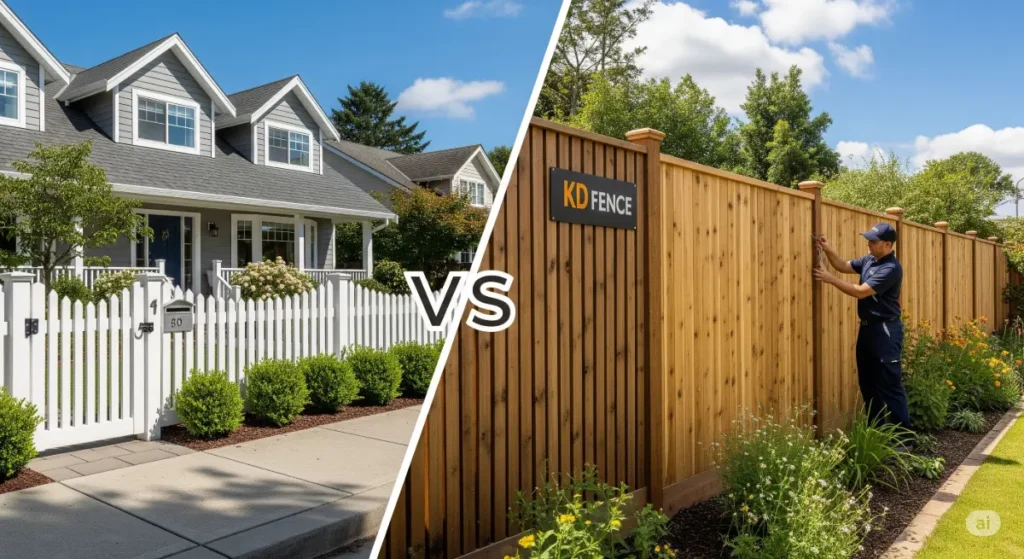 A striking, dynamic comparison of fence styles ideal for front and back yards, featuring KD Fence attire where applicable. The image utilizes a split-screen composition, showcasing a front yard with a classic white picket fence and manicured landscaping on one side and a backyard with a taller, more rustic cedar fence and a lush, wild garden on the other. KD Fence attire could be integrated through a subtle logo on the fence or a KD Fence employee in uniform inspecting a section of fence. The image emphasizes contrasting styles, with bright, natural daylight illuminating the scenes, providing a clear visual comparison. The composition is balanced and engaging, with a slight tilt to the viewpoint that enhances the dynamic feel and draws the eye to the varied fencing styles. A professional photographer would capture the image with a wide-angle lens and emphasize the textures and details of the wood, metal, and other elements of the fencing to create a high-quality image that appeals to the target audience of homeowners and potential clients of KD Fence.
