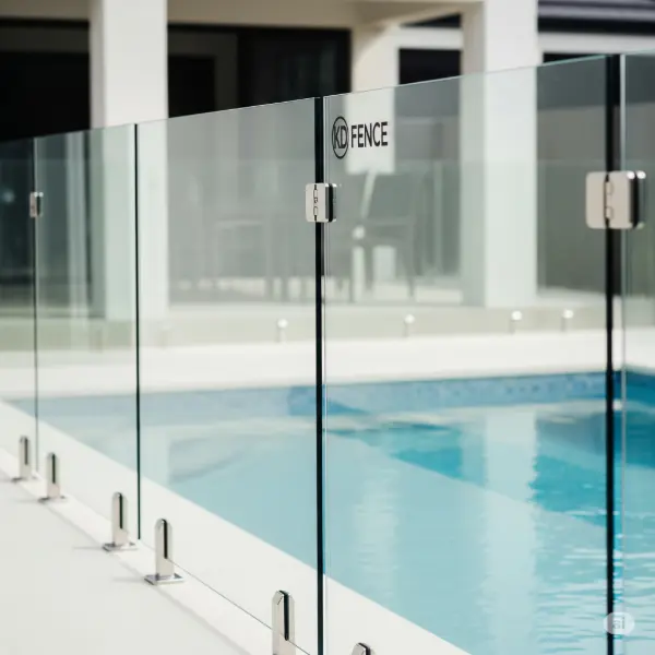 A 1:1 aspect ratio image of a frameless glass pool fence installed by KD Fence, with no human faces visible in the scene. The glass panels, characterized by their high clarity and seamless design, create a sense of openness and unobstructed views. KD Fence's insignia, where applicable, is subtly incorporated into the fence's structure, showcasing their expertise and branding. The fence seamlessly integrates with the surrounding landscape and architectural style of the property. The image's focus is on the fence's transparent nature and its ability to maximize the enjoyment of the pool area while maintaining safety standards. The lighting conditions are optimal for showcasing the glass's reflection and the beautiful interplay of light and water. The backdrop, intentionally out of focus, emphasizes the sleek lines and clear glass of the pool fence. The composition emphasizes the fence's integration into the pool environment and its modern, sophisticated aesthetic, highlighting KD Fence's dedication to high-quality materials and craftsmanship.