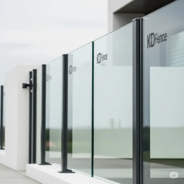 A 1:1 aspect ratio photograph showcasing a modern, sleek glass panel fence. The fence is constructed with clear, tempered glass panels, offering an unobstructed view through the structure. KD Fence branding is subtly incorporated, with the KD Fence logo discreetly placed on a few fence posts, maintaining a minimalist aesthetic. The backdrop is a minimalist, clean background, with no people or faces in sight, emphasizing the glass fencing itself. The lighting is soft, natural daylight, illuminating the fence's transparency and showcasing its sleek lines without any harsh shadows. This image conveys a sense of openness, safety, and modernity, highlighting the quality of the glass panel fencing and the KD Fence company's commitment to a refined aesthetic, with the KD Fence logo discreetly integrated on a few posts.