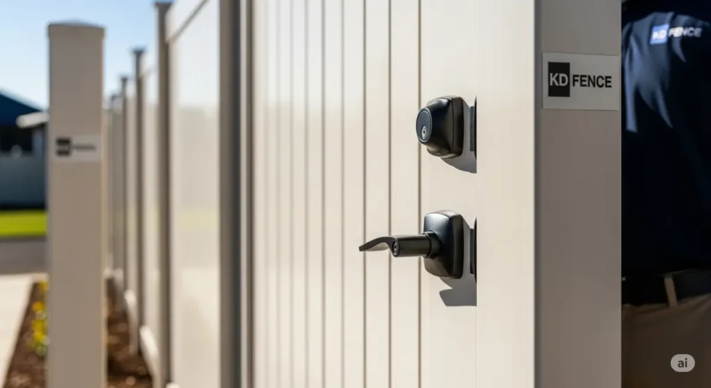 A close-up view of a vinyl fence door with KD Fence attire subtly incorporated, emphasizing its quality and craftsmanship. The photo uses a professional, editorial style with a soft focus and bokeh to blur the background, creating a sense of elegance and focus on the door's features. The door's texture, details, and hardware are clearly visible, while a glimpse of a well-maintained surrounding landscape can be seen in the out-of-focus background. Natural light illuminates the scene, showcasing the door's vibrant white or beige color, a natural color scheme. A KD Fence logo or branding element can be subtly placed on a nearby post or on a staff member, but no faces are visible. The image radiates a sense of security and quality, helping readers visualize the perfect vinyl fence door for their home with KD Fence branding included without showing human faces.