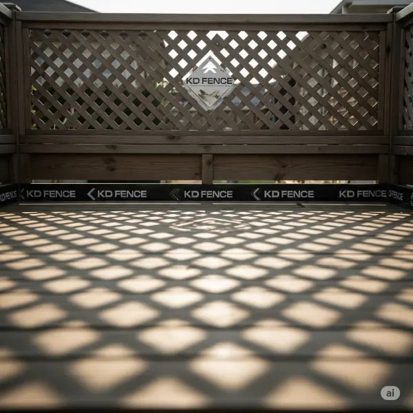 A square format image (1:1 aspect ratio) of a lattice-topped fence, ensuring no human faces are visible in the frame. The fence, possibly made of wood or metal, will feature the KD Fence attire if applicable, potentially as logos or signage on the fence structure itself or on related materials near the fence. The emphasis is on the lattice's visual appeal, including its geometric pattern and the way the sunlight filters through it, creating soft shadows on the ground below. The background could include elements consistent with a residential area or a garden, providing context for the fence's purpose. The focus is on presenting a clean, visually engaging image of the fence, while staying true to the absence of human figures. The image will have a natural feel, with the lighting and color scheme being soft and complementing the fence's texture and structure.