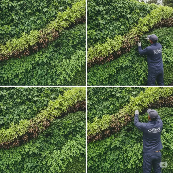 A 1:1 aspect ratio image showcasing a living green fence with various plants and foliage, in a lush, vibrant, and natural style. The fence is designed to create a dense, verdant barrier, with a variety of plants including ivy, ferns, and flowering shrubs, all carefully chosen for their ability to thrive in a range of conditions. The plants are interweaved and pruned to create a continuous, flowing visual effect. In some areas, a KD Fence worker in their standard work uniform is visible, maintaining the fence, pruning or adding plants, showing the process of care and attention to detail. The focus is on the textures and colors of the natural elements, with a muted color palette that enhances the visual harmony of the green fence and shows the fence's integration with nature. No human faces are visible in the image, ensuring privacy while still highlighting the professionalism and skill of the installation.