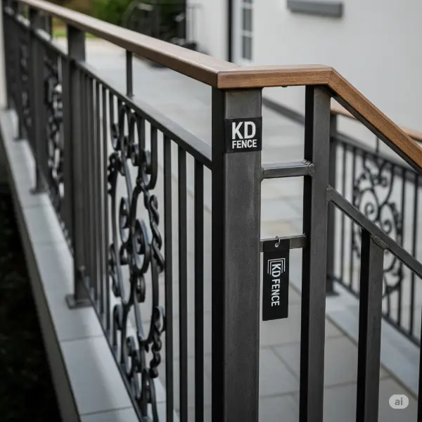 A detailed, high-resolution, 1:1 aspect ratio photograph showcasing a section of a metal railing, potentially featuring intricate wrought iron designs or a simpler, modern aesthetic. The railing may be installed along a balcony, staircase, or garden path. Focus on the texture and construction of the metal, with KD Fence branded elements subtly incorporated where appropriate, such as a logo on a post or a branded tag attached to the railing. No people or faces are visible in the image, maintaining a minimalist and architectural focus. The color scheme may range from a sleek, dark gray to a more rustic, weathered black, emphasizing the material's robust character. Lighting should be natural and even, enhancing the detailing and texture of the metalwork without harsh shadows or reflections.