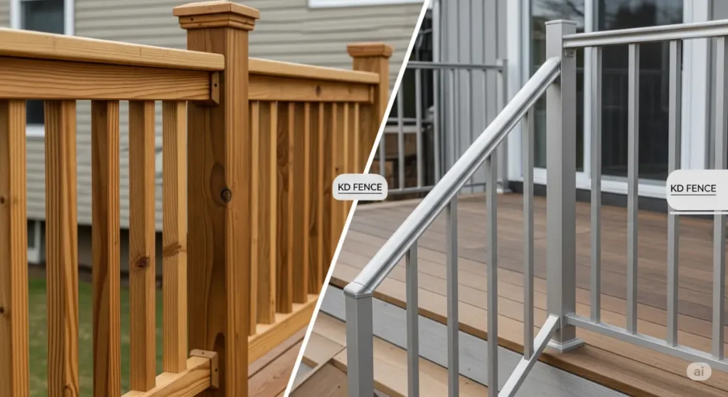 A high-quality split-screen photograph for a 2025 cost comparison blog post, showcasing the visual contrast between wood and metal railings. One side features a detailed, close-up view of classic wooden railings on a deck, highlighting the natural grain and texture of the wood, and providing a warm, traditional aesthetic. The other side displays modern metal railings, possibly aluminum or wrought iron, on a similar deck or staircase, emphasizing clean lines and a contemporary finish. Subtle KD Fence branding is incorporated, maybe through a discreet logo on each railing or subtly within the background. Natural light illuminates both sides of the photograph, creating a clear and well-lit scene. The composition highlights the stark aesthetic contrast between the two railing styles, helping viewers easily discern their potential cost implications. The image has an informative and visually appealing tone, supporting the blog post's content.
