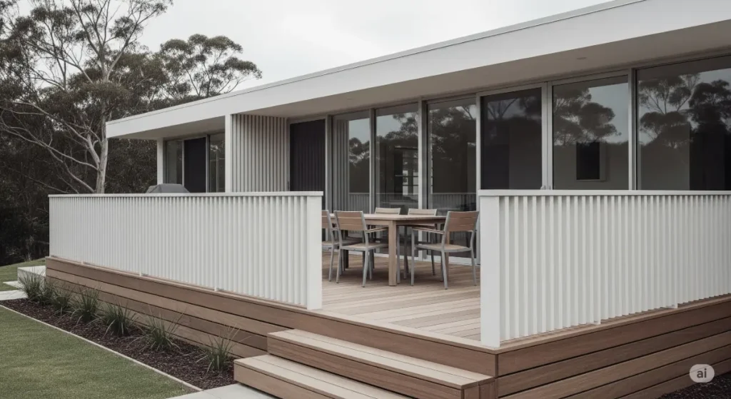 A professional, architectural photograph of a contemporary home with a minimalist deck designed for modern living. The deck's design incorporates KD Fence elements, primarily using a clean, vertical slat pattern for railings and fencing. The deck is spacious and features a streamlined aesthetic, with minimal decorative elements, highlighting a sense of functionality and sophistication. The home's architecture is minimalist and modern, with clean lines and large windows that offer a panoramic view of the outdoors. The deck seamlessly integrates with the home's overall design, creating a harmonious and visually appealing outdoor living space. The image is taken in natural light, with soft, muted tones that emphasize the textures and materials, creating a tranquil atmosphere that embodies the minimalist design philosophy.