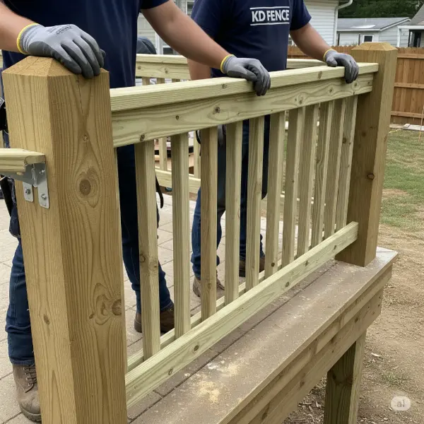 A detailed, high-resolution, 1:1 aspect ratio image showcasing a newly installed pressure-treated wood railing system. The railing features sturdy, horizontal rails secured to robust vertical posts, all made of pressure-treated lumber, highlighting the natural wood grain and texture. KD Fence attire can be seen on the installers, if they are depicted, with safety gear such as gloves and work boots. The image captures the detail of the railing's construction, including any necessary brackets and fasteners. The scene is devoid of any human faces, focusing solely on the railing itself. The background can be a typical residential or commercial setting, such as a backyard, deck, or porch, showcasing the railing in a functional and aesthetic context, with a bright, natural daylight feel.