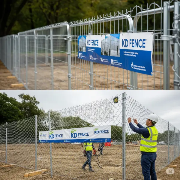 A 1:1 aspect ratio image capturing a detailed view of a removable mesh fence system, ensuring no human faces are visible within the frame. KD Fence branding is integrated where relevant, potentially on the fence's packaging, attached labels, or worker uniforms (if showcasing installation). The image might showcase the fence in a park or garden, a construction site, or a security perimeter, highlighting the versatility of its application. The scene focuses on the fence's unique characteristics, such as the interlocking panels, the durable mesh material, and the ease with which it can be assembled and disassembled. The lighting will be natural and provide a realistic portrayal of the fence's aesthetic and durability.