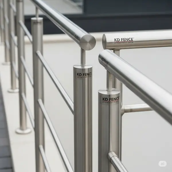A 1:1 aspect ratio image showcasing a high-quality stainless steel railing system. The focus is on the material and the craftsmanship of the railing components, showcasing KD Fence branding on relevant parts like posts, brackets, or fasteners. The image doesn't include any human faces, emphasizing the quality and precision of the steelwork. The railings are potentially part of a contemporary architectural design, capturing the clean lines, mirrored surfaces, and seamless integration of the stainless steel within the surrounding landscape. The lighting highlights the subtle interplay of light and shadow on the metal, enhancing the visual appeal of the steel's polished or brushed finish. The image is taken in daylight or with studio lighting for a clean, high-resolution image that presents a professional aesthetic.