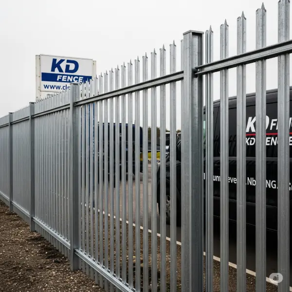A high-resolution 1:1 aspect ratio photograph capturing a stretch of steel palisade fencing, ensuring no individuals are visible within the frame. The emphasis should be on the structural integrity and aesthetic of the fencing, possibly showing details like the interlocking palisade panels and robust posts. KD Fence branding elements can be subtly included within the scene, such as a vehicle or signage featuring the company's logo, ensuring it is a part of the overall aesthetic and not distracting. The lighting is bright and evenly distributed, enhancing the texture and details of the steel. The composition emphasizes the uniformity and strong vertical lines of the palisade fencing, creating a visually compelling image against a neutral, uncluttered background.