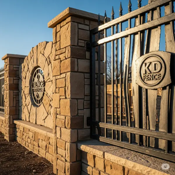 A 1:1 aspect ratio, high-resolution photograph of a robust, hybrid fence constructed from a blend of natural stone and forged iron, exhibiting an intriguing juxtaposition of textures and materials. The stone segments of the fence might be rough-hewn or sculpted to create a sense of age and strength, potentially with variations in color and shade. The iron components of the fence could feature intricate, hand-wrought designs or more modern, streamlined elements. The lighting in the image should enhance the material contrast, with light illuminating the texture of the stone and reflecting off the iron, accentuating the fence's unique composition. No faces or individuals are present in the scene, allowing the viewer to focus on the fence's design and construction. KD Fence-branded elements, such as logos or specific design features, are incorporated seamlessly into the scene, ensuring the fence reflects the KD Fence aesthetic and brand identity.