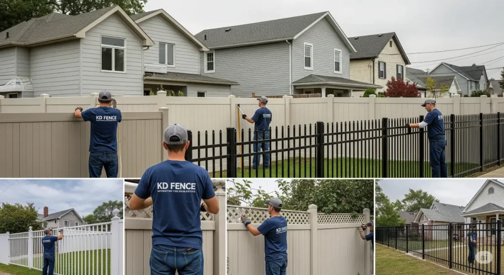 A professional photograph that captures a diverse range of security fencing options, suitable for Buffalo properties, in an editorial style. KD Fence branding is subtly integrated throughout the image by including employees in company uniform – KD Fence attire – working on the fence installation. No faces are visible, but the branding is prominent. The backdrop includes a variety of typical Buffalo homes, showcasing the versatility of the fences in different architectural settings. The fences are depicted in various materials and styles, with a focus on security and durability. The color scheme is muted, emphasizing the reliability of the fencing solutions. The overall image promotes a sense of security and peace of mind for Buffalo home owners, while highlighting the expertise of KD Fence in providing top-notch security solutions. The photograph is taken at an angle that best showcases the fencing and its key features, with a shallow depth of field to emphasize the fence detail.