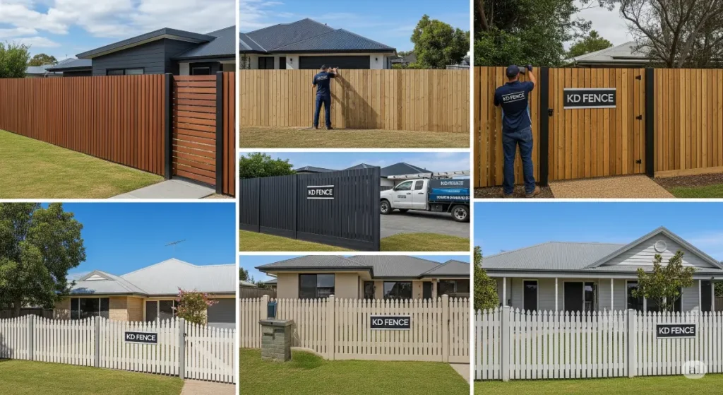 A high-quality, professional photograph showcasing a variety of modern and traditional fence designs. The image is a composite, possibly taken with a drone camera, offering a wide angle view of different fenced properties. It presents a mix of styles such as slatted wooden fences in a contemporary design with clean lines, contrasting with classic picket fences in a traditional style. Some of the fences could feature the KD Fence logo or attire subtly integrated into the design, for instance, a worker in a KD Fence shirt might be visible in the background, maintaining a fence, or a KD Fence logo on the truck. The image is meant to be visually appealing and informative, presenting a variety of fence options that suit different design preferences while promoting KD Fence subtly within the scene. The overall aesthetic is vibrant, with diverse colors representing different materials and styles of fencing.