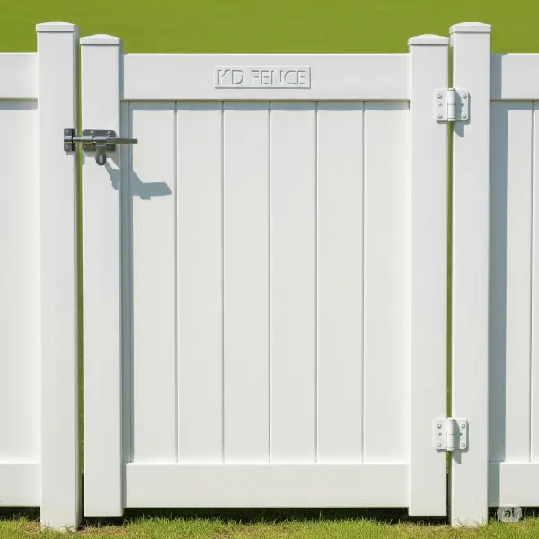 A 1:1 aspect ratio photograph of a vinyl fence door. It is a clear, high-quality image with the door in the center. The door is a cream-white color, and features a KD Fence logo subtly embossed onto the door surface. The background is a blurred light green color from the grass behind the door. The style is a simple and clean aesthetic to showcase the fence door. No faces or other objects are in the image. The door's texture is highlighted, showing its smooth finish and the color uniformity across the material. The latch and hinges of the vinyl door are highlighted by crisp, natural lighting, enhancing their design and detailing.