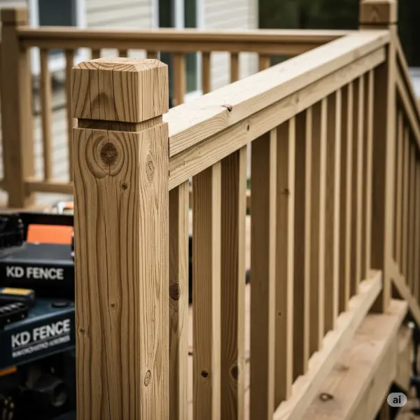 A detailed, 1:1 aspect ratio photograph of a wooden railing, possibly in a residential setting. The railing, crafted from weathered wood, is prominently featured, showcasing its texture, grain, and knots. KD Fence attire may be subtly included, such as a worker's logo on a tool or a piece of equipment, but the focus remains on the wood railing itself. The scene intentionally omits any human faces or figures, emphasizing the craftsmanship and design of the wood railing. A focus on details such as the natural wood textures and patterns, the style and design of the fence, and the natural, unfiltered lighting or soft studio lighting, the color palette may be a range of tans and warm browns that are muted and natural, conveying a sense of quiet and tranquility and focus on the craftsmanship.