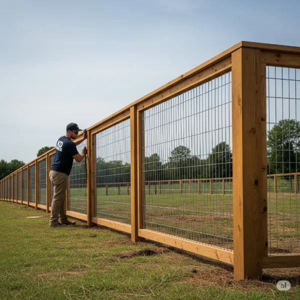 A 1:1 aspect ratio photograph of a wood and wire combo fence installation, where the KD Fence attire is subtly integrated into the scene, illustrating a professional fence installation. The image is devoid of any human faces, maintaining anonymity, with the main focus on the fence's design and construction. The wood and wire elements are in perfect harmony, showcasing the structural integrity and aesthetic appeal of this type of fencing. The composition is carefully curated to highlight the fence's build quality and visual appeal, with a natural and inviting light illuminating the fence and its components. The color palette is natural, with earthy tones dominating the image, conveying a sense of durability and classic design.