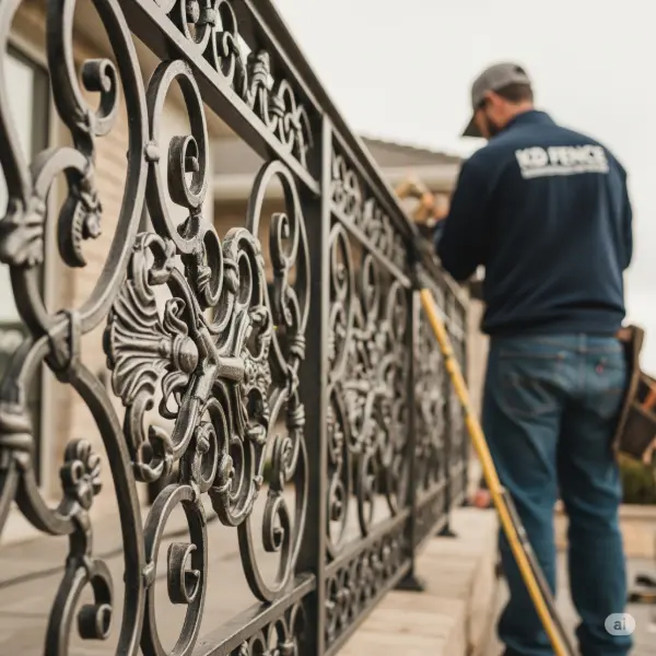 A 1:1 aspect ratio image featuring a close-up view of a section of ornate wrought iron railings, possibly in a residential setting. The intricate designs of the railing are highlighted, emphasizing the craftsmanship and detail of the ironwork. A worker from KD Fence, in their company attire, is depicted in the background perhaps using tools to complete the installation. The image may show a section of fencing, or railing, being installed or maintained by a worker in KD Fence clothing. A neutral color palette is used, with a subtle focus on the texture and intricacies of the wrought iron. The surrounding environment should be subtly blurred, drawing the viewer's eye towards the wrought iron and the worker in their KD Fence apparel. The lighting is bright and natural, creating a clear and sharp image of the craftsmanship of the wrought iron railings and the KD Fence worker.