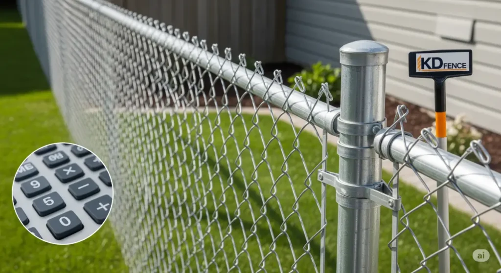 2025 chain link fence cost. Shows a chain link fence with a calculator overlay and KD Fence branding.