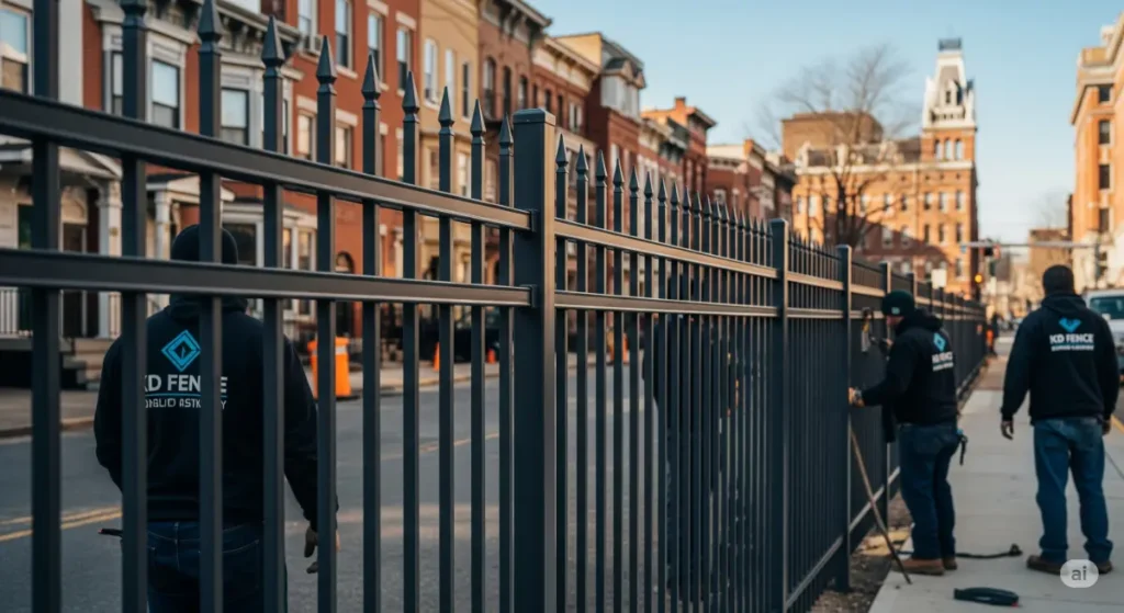 A detailed, professional photograph highlighting a metal fence installation in Albany, NY, emphasizing both quality and cost-effectiveness. The fence, possibly a sleek, modern design in dark gray or black, is shown at the heart of the image, while the background hints at Albany's architecture, potentially featuring a mix of brick row houses and historic buildings. The scene highlights the installation process and the meticulous attention to detail, without showing any human faces, but with KD Fence attire visible on any workers present. Professional tools and equipment may be subtly incorporated, suggesting expert workmanship. The choice of lighting is significant, allowing for a clear, bright image of the installed fence, possibly with a slightly dramatic light angle, emphasizing the fence's appearance and robustness. This photograph captures the clean lines and sophisticated features of the fence, illustrating the advantages of metal fencing in a cost-effective and elegant way, in the context of Albany, NY, while showcasing the KD Fence team's commitment to quality and efficiency. The photograph is taken with a professional Canon EOS R5 camera in a 50mm lens, with sharp details of the fence and a slightly blurred background to focus the attention on the fence itself.