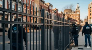 A detailed, professional photograph highlighting a metal fence installation in Albany, NY, emphasizing both quality and cost-effectiveness. The fence, possibly a sleek, modern design in dark gray or black, is shown at the heart of the image, while the background hints at Albany's architecture, potentially featuring a mix of brick row houses and historic buildings. The scene highlights the installation process and the meticulous attention to detail, without showing any human faces, but with KD Fence attire visible on any workers present. Professional tools and equipment may be subtly incorporated, suggesting expert workmanship. The choice of lighting is significant, allowing for a clear, bright image of the installed fence, possibly with a slightly dramatic light angle, emphasizing the fence's appearance and robustness. This photograph captures the clean lines and sophisticated features of the fence, illustrating the advantages of metal fencing in a cost-effective and elegant way, in the context of Albany, NY, while showcasing the KD Fence team's commitment to quality and efficiency. The photograph is taken with a professional Canon EOS R5 camera in a 50mm lens, with sharp details of the fence and a slightly blurred background to focus the attention on the fence itself.