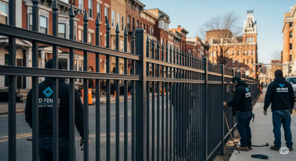 A detailed, professional photograph highlighting a metal fence installation in Albany, NY, emphasizing both quality and cost-effectiveness. The fence, possibly a sleek, modern design in dark gray or black, is shown at the heart of the image, while the background hints at Albany's architecture, potentially featuring a mix of brick row houses and historic buildings. The scene highlights the installation process and the meticulous attention to detail, without showing any human faces, but with KD Fence attire visible on any workers present. Professional tools and equipment may be subtly incorporated, suggesting expert workmanship. The choice of lighting is significant, allowing for a clear, bright image of the installed fence, possibly with a slightly dramatic light angle, emphasizing the fence's appearance and robustness. This photograph captures the clean lines and sophisticated features of the fence, illustrating the advantages of metal fencing in a cost-effective and elegant way, in the context of Albany, NY, while showcasing the KD Fence team's commitment to quality and efficiency. The photograph is taken with a professional Canon EOS R5 camera in a 50mm lens, with sharp details of the fence and a slightly blurred background to focus the attention on the fence itself.