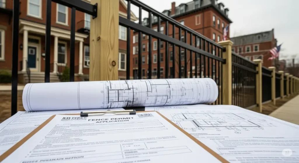 Fence permit requirements in Albany, NY. Shows a fence with blueprints and documents.