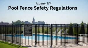 Pool fence safety regulations in Albany, NY. Shows a pool enclosed by a safety fence.