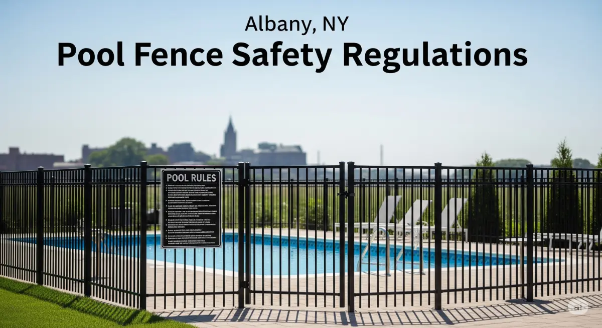 Pool fence safety regulations in Albany, NY. Shows a pool enclosed by a safety fence.
