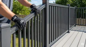Aluminum rail fence and decking. Shows hands in KD Fence gloves on a dark gray aluminum railing.