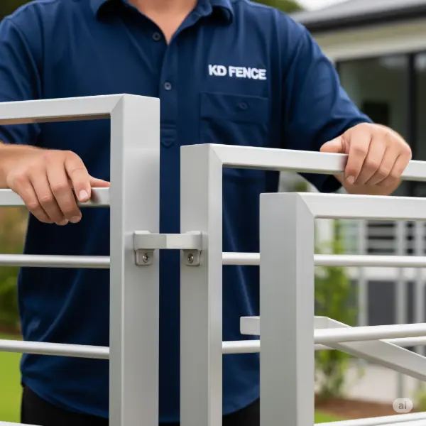 Aluminum railings. Shows a person in a KD Fence shirt holding a silver railing.