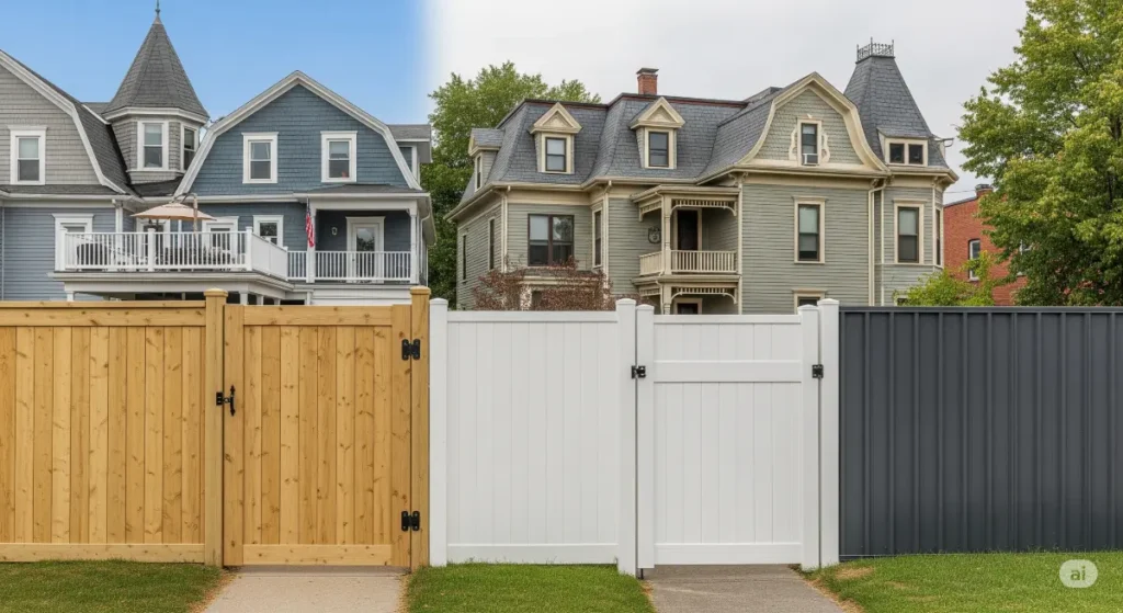 Top privacy fence options in Albany, NY. Shows various fence types: wood, vinyl, and metal.