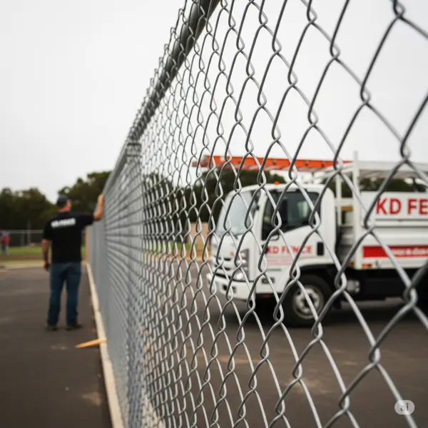Chain link fence with a KD Fence truck and worker in the background.