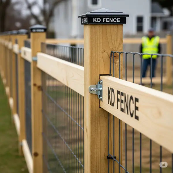Deer-resistant fence in Albany, NY. Shows a wooden fence with wire mesh and KD Fence branding.