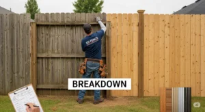 Fence replacement cost breakdown. Shows a worker replacing an old fence with a new one.