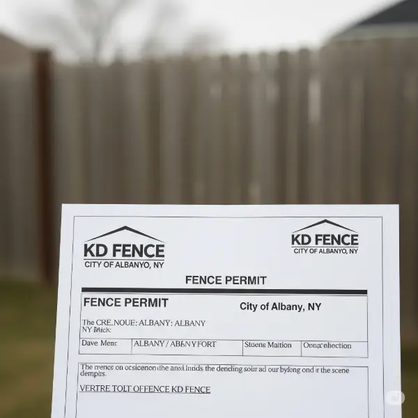 Fence permit for Albany, NY. Shows a document with KD Fence branding.